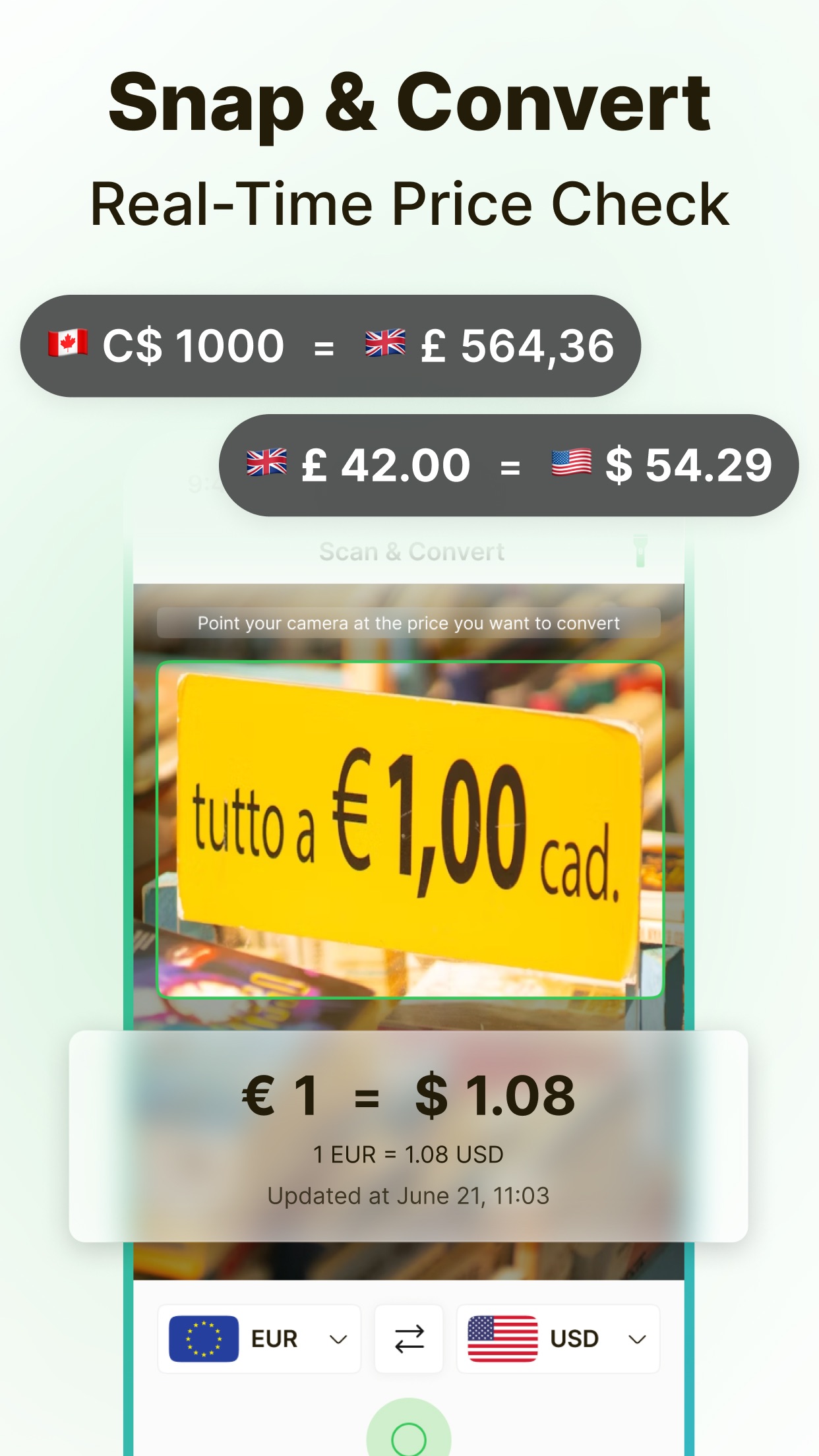 Price scanner reading a yellow price tag through the iPhone camera with EUR to USD conversion