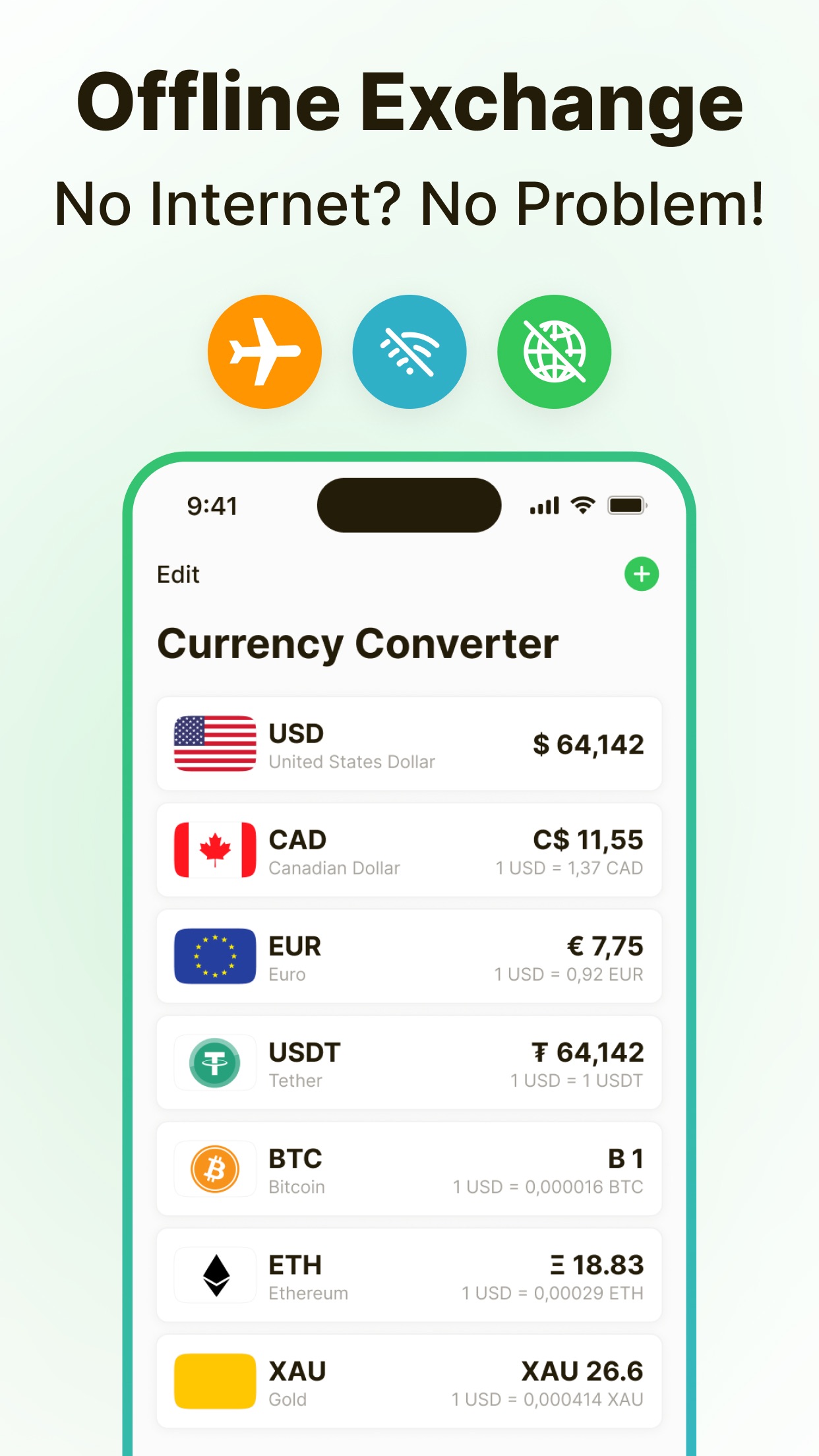 Offline currency converter with cached fiat and crypto rates: USD, CAD, EUR, USDT, BTC, ETH, XAU