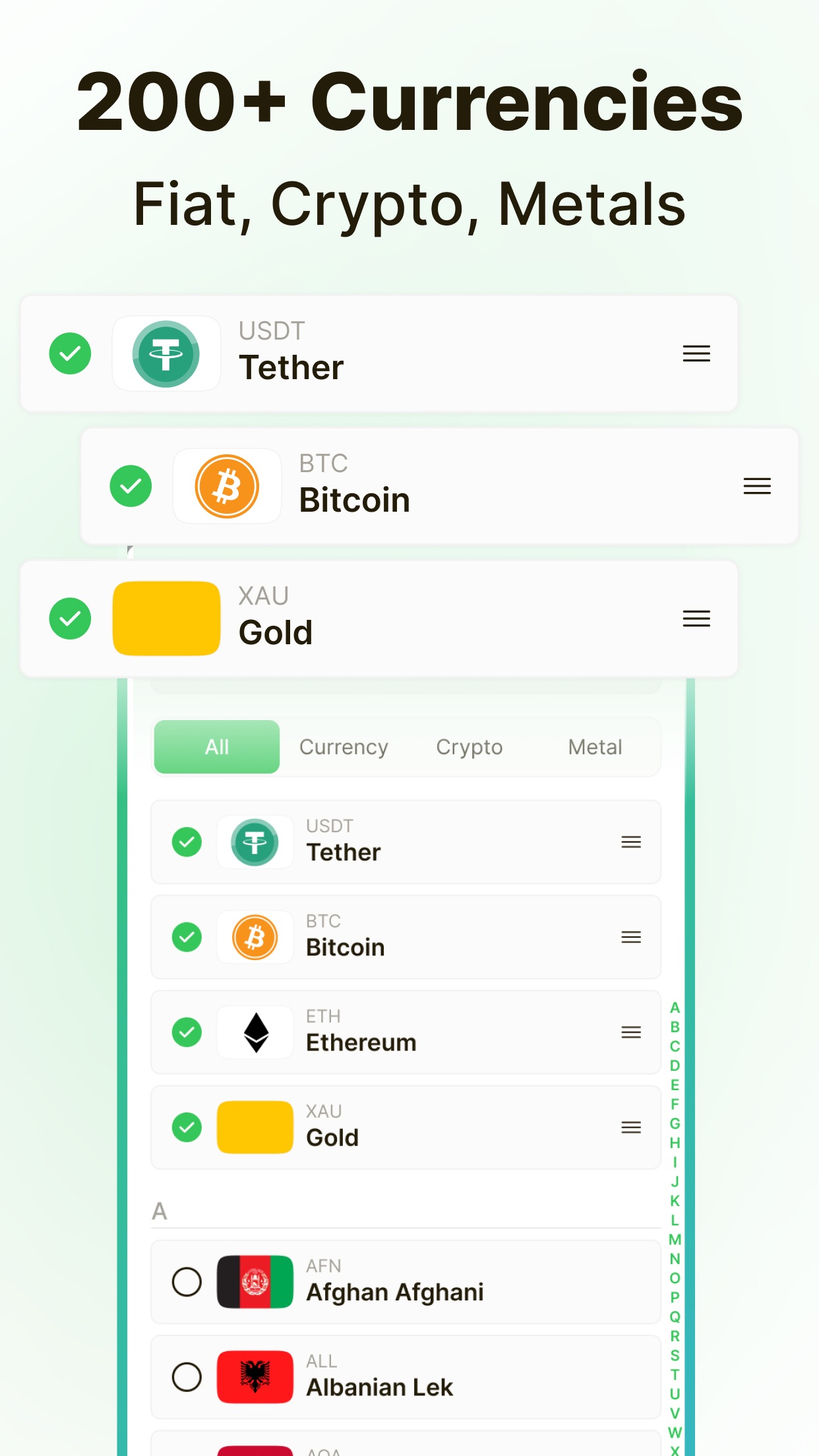 Currency picker with All, Currency, Crypto, and Metal tabs covering 200+ assets
