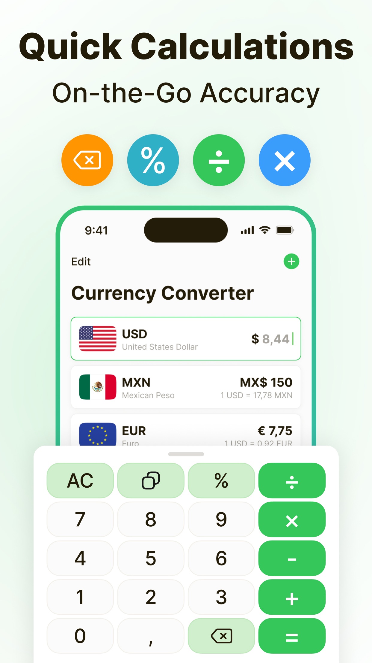 Built-in calculator with currency conversion and AC, percent, divide, multiply, equals keys